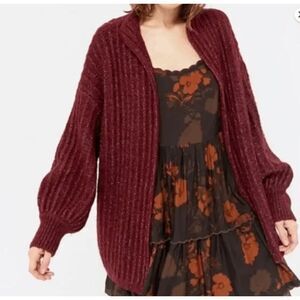 Truly Deeply Madly Ava Balloon Sleeve Open Front Cardigan Marled Burgundy Small
